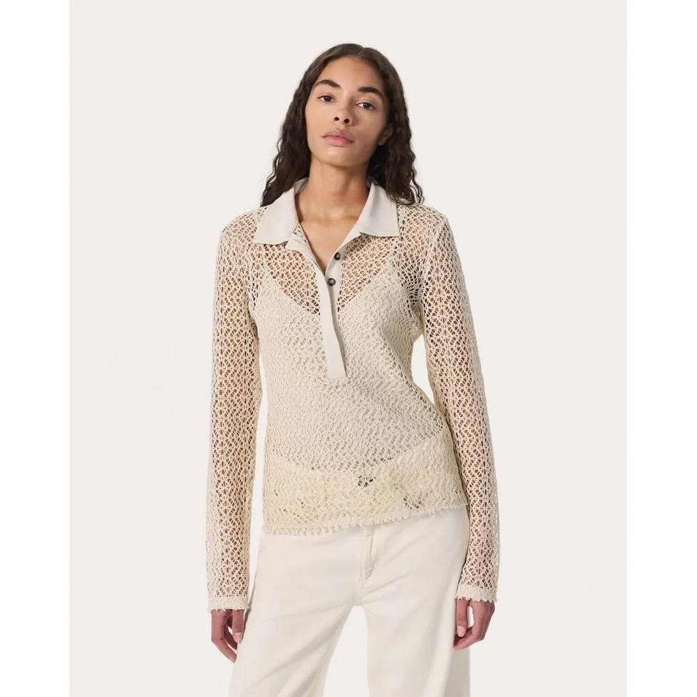 Rag & Bone Liv Mesh Crochet Long Sleeve Polo Shirt Womens XS‎ Beige $298